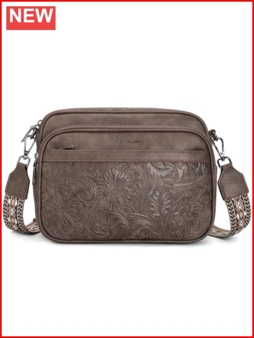 Vegan Leather Crossbody Bag Embossed Purse Multi-Pocket Adjustable Strap